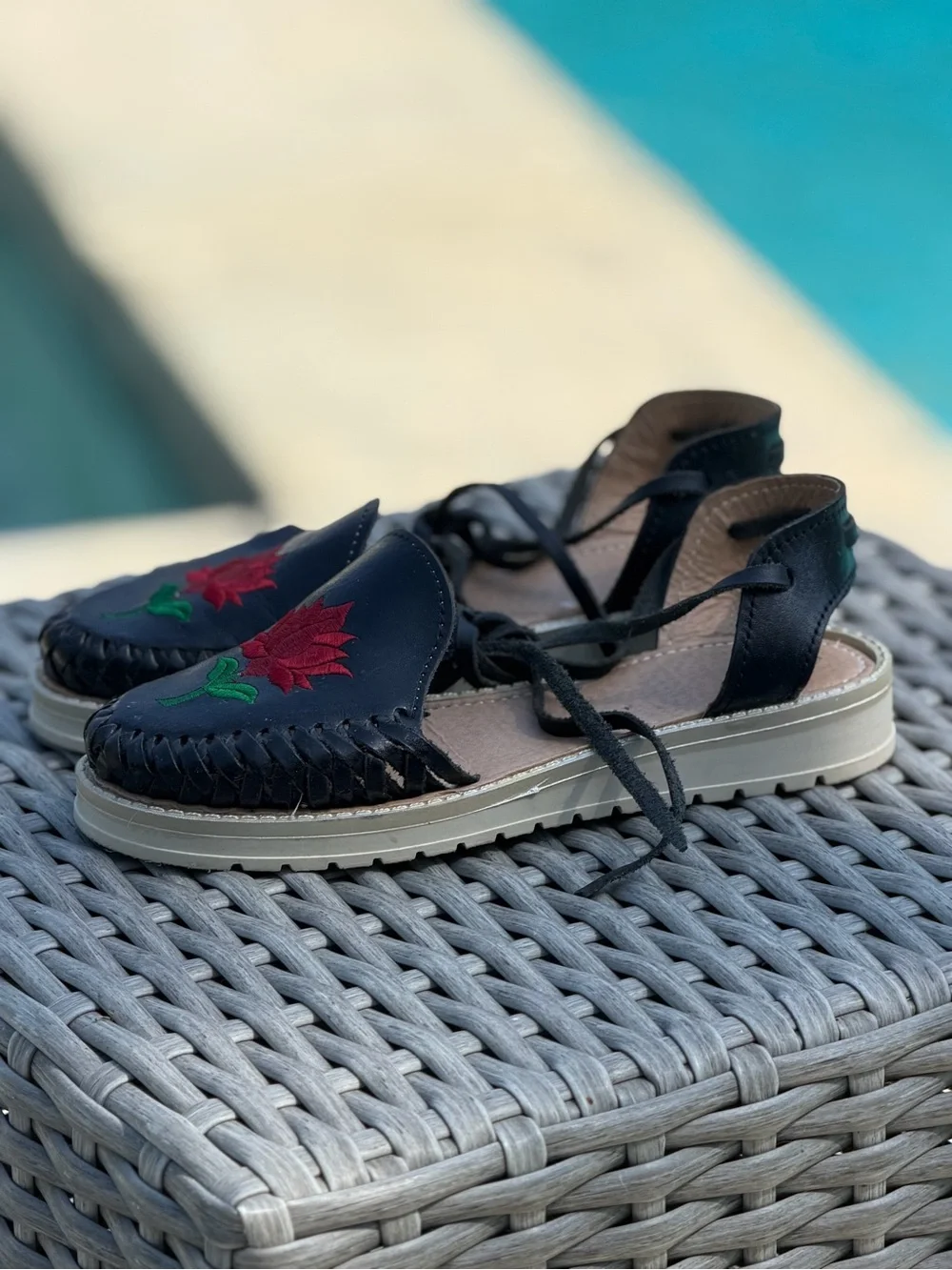 Women’s Black Leather Espadrille Sandals with Red Floral Embroidery